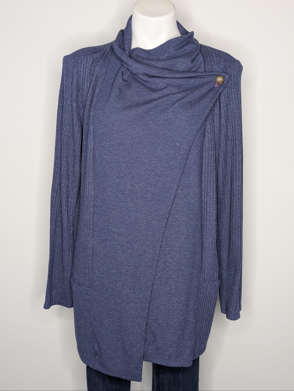 Fresh Produce Blue Button Neck Long Sleeve Wrap Sweater S